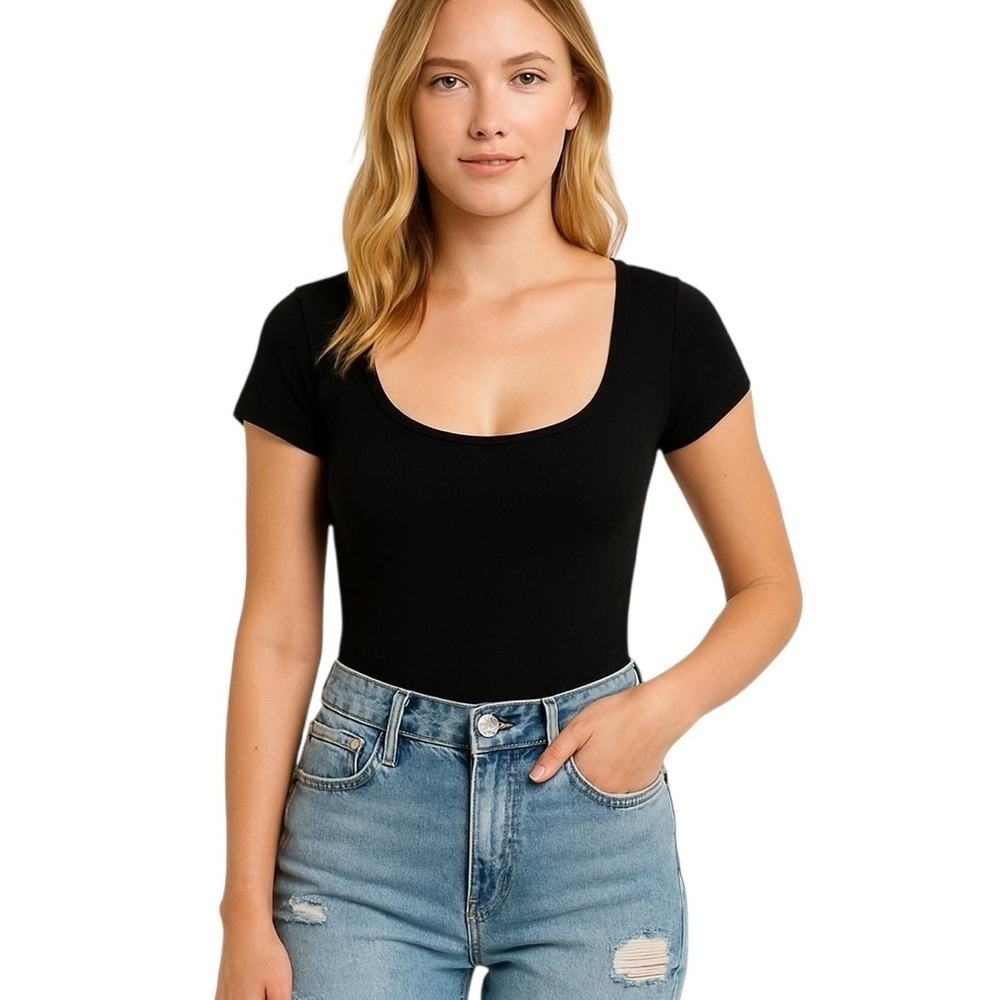 Women's Gaze Black Short Sleeve Square Neck Bodysuit S Stretch